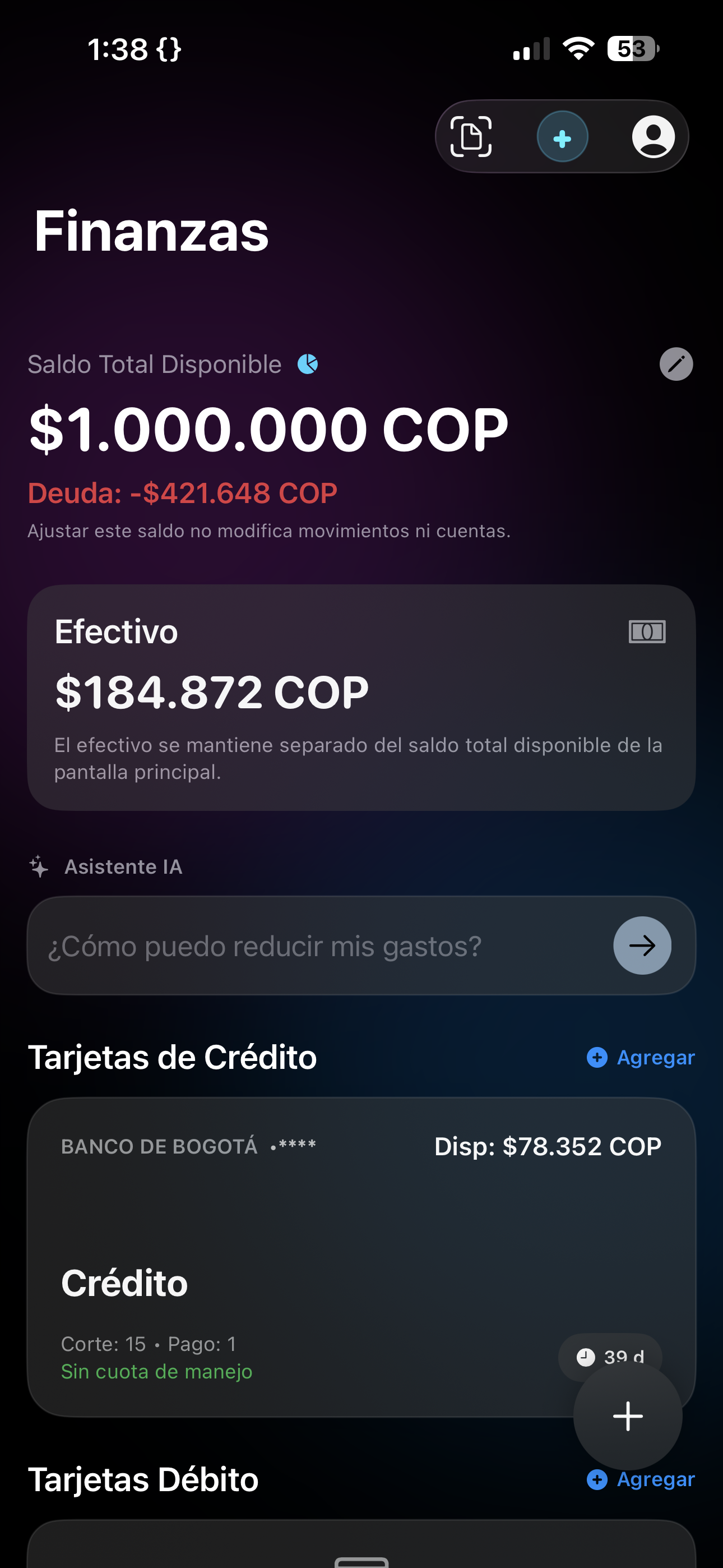 Pantalla de Sensata en modo oscuro